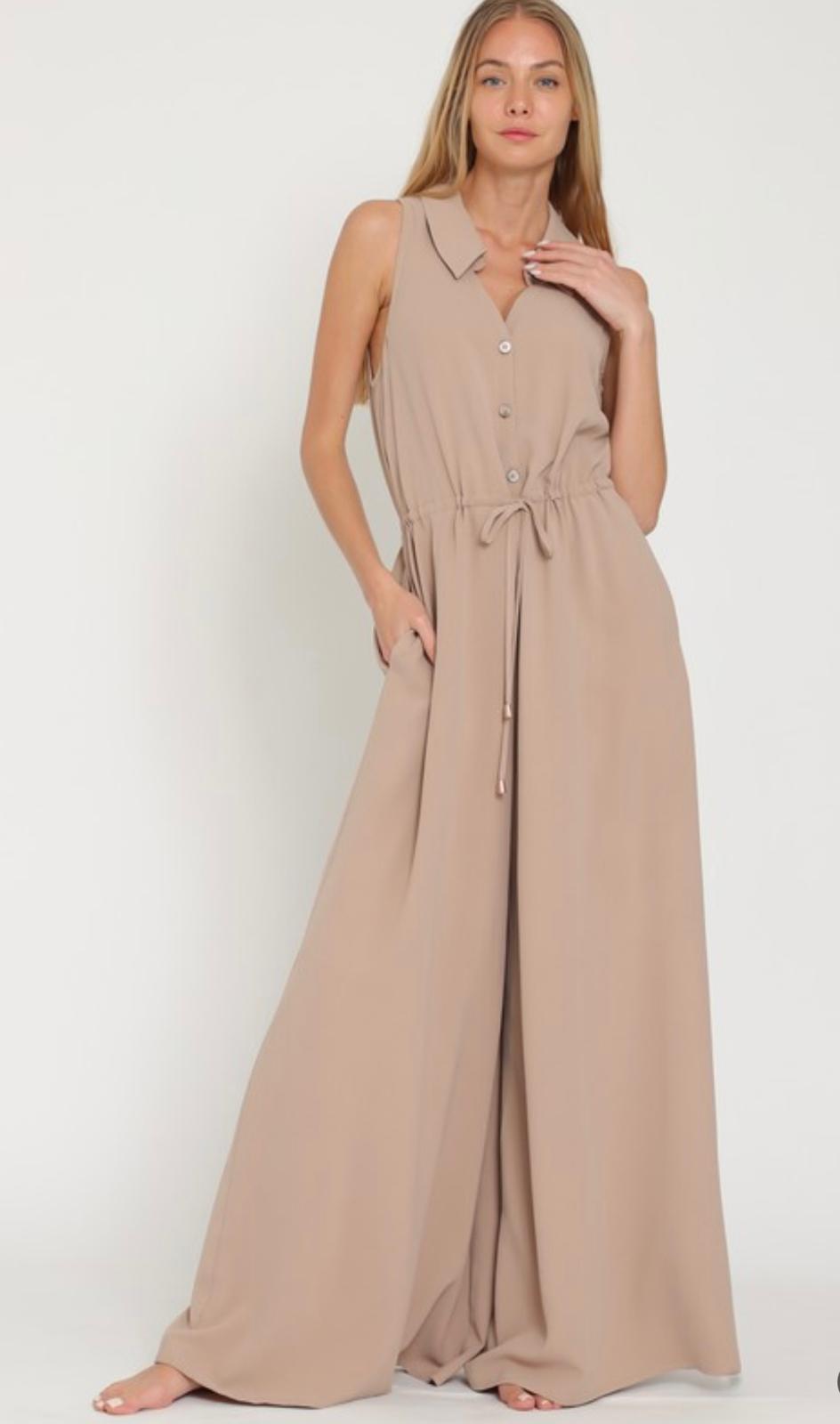 Sleeveless Button-Down Tie Front Waisted Jumpsuit