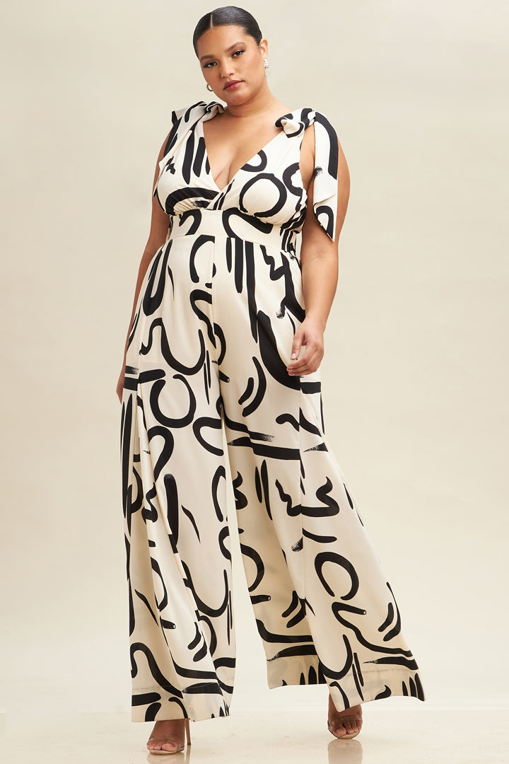 Plus Size Brush Stroke Ties Jumpsuit