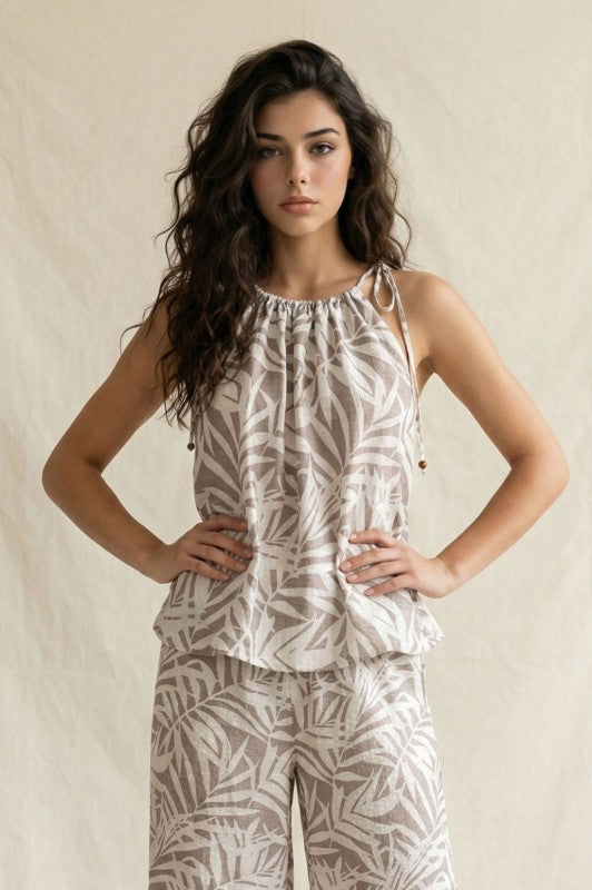 Botanical Leaf Gathered Halter Top