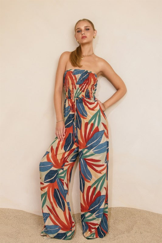 Tropical Leaf Smocked Strapless Jumpsuit