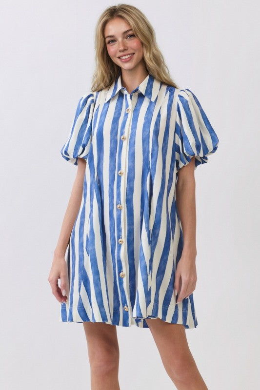 Stripy Puff Sleeve Shirt Dress