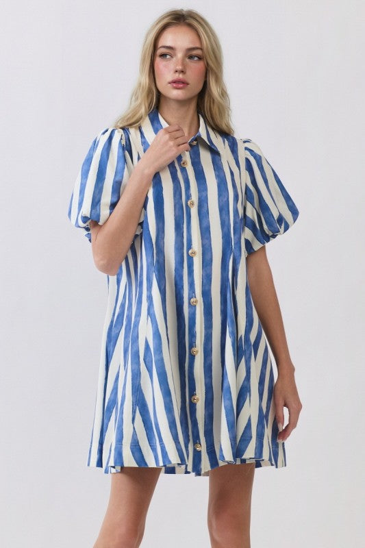 Stripy Puff Sleeve Shirt Dress