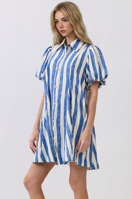 Stripy Puff Sleeve Shirt Dress
