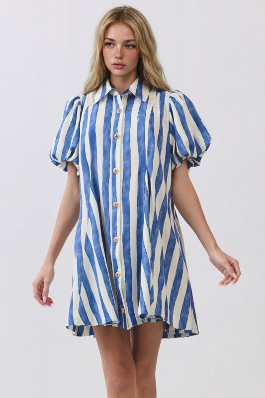 Stripy Puff Sleeve Shirt Dress
