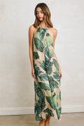 Tropical Leaf Beaded Halter Fluid Dress