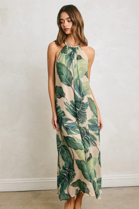 Tropical Leaf Beaded Halter Fluid Dress