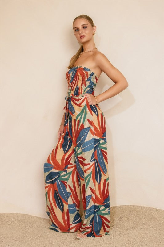 Tropical Leaf Smocked Strapless Jumpsuit