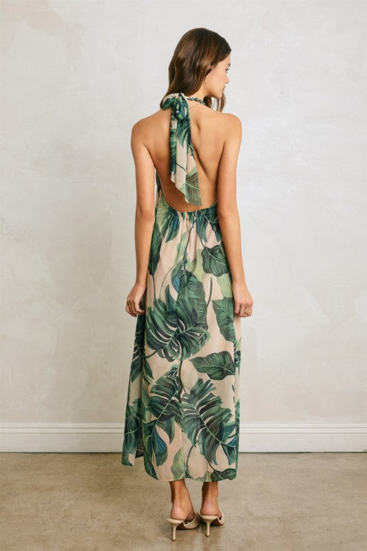 Tropical Leaf Beaded Halter Fluid Dress