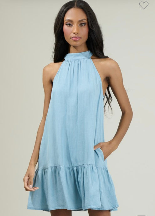 Laly Chambray Mini Ruffle Dress