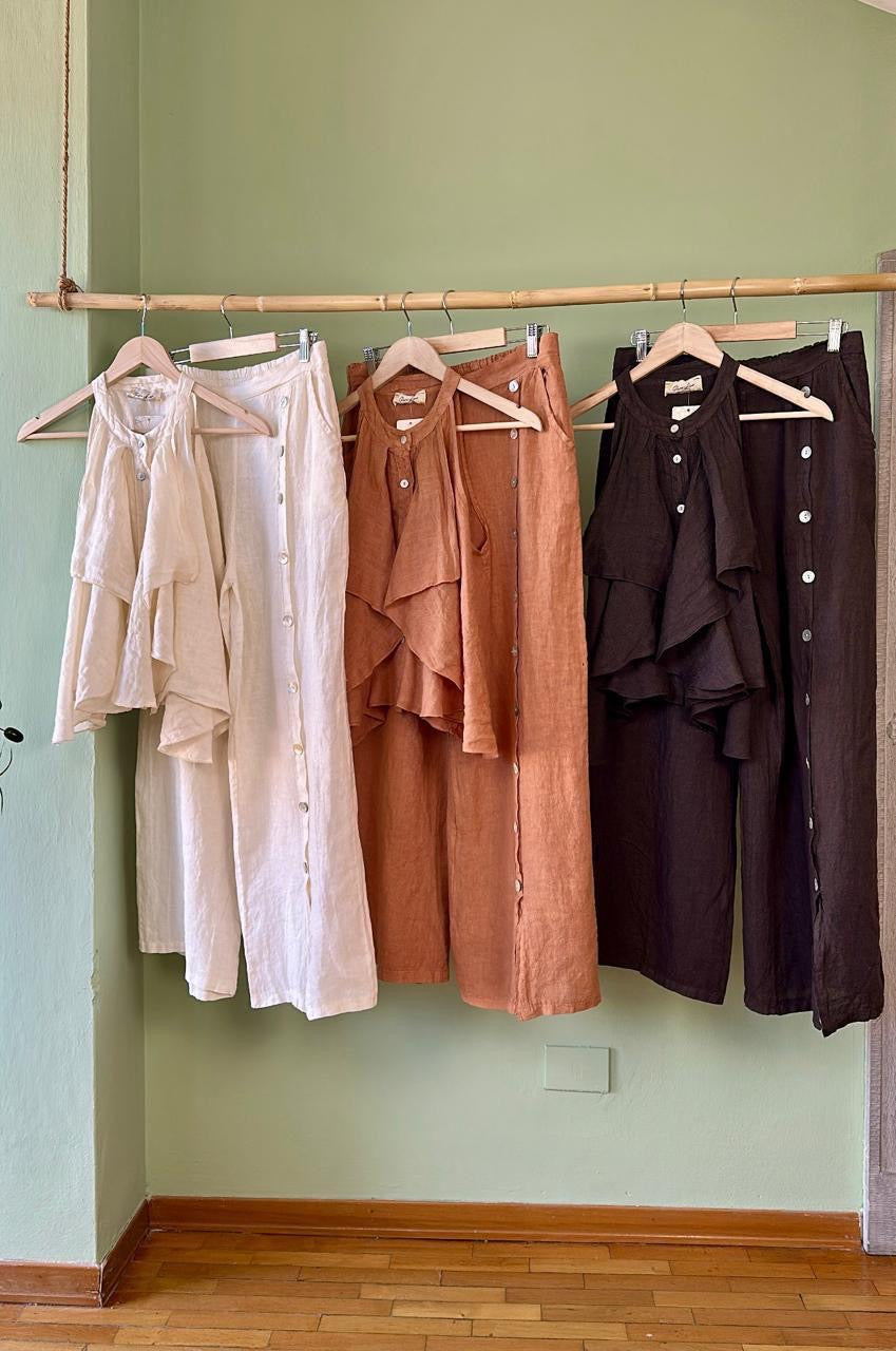 linen co-ord set, women’s resort wear, tropical outfit, breathable linen clothing, summer fashion, island style, matching set, comfortable two-piece outfit, Polka Dot Boutique.