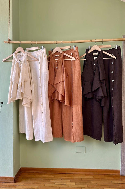 linen co-ord set, women’s resort wear, tropical outfit, breathable linen clothing, summer fashion, island style, matching set, comfortable two-piece outfit, Polka Dot Boutique.