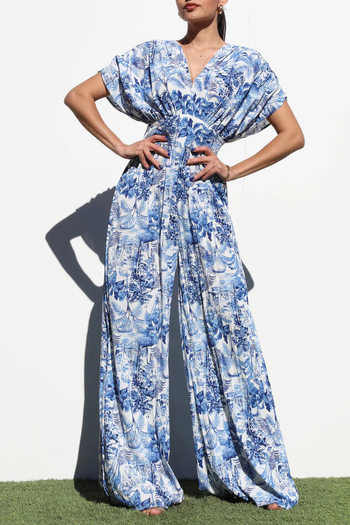 PLEATED V NECK WOVEN JUMPSUIT