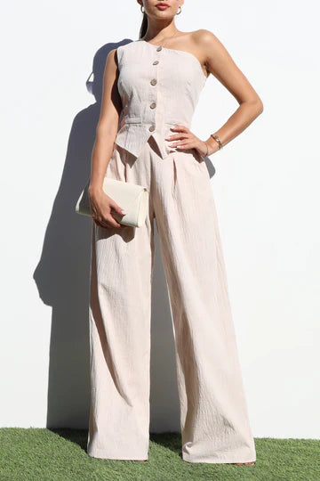 ONE SHOULDER WOVEN VEST AND PANTS SET