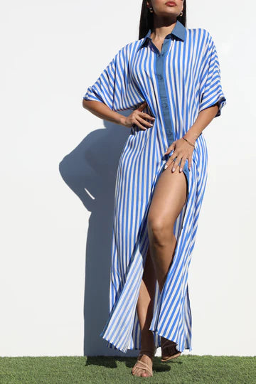 STRIPED BUTTON DOWN SHIRT DRESS