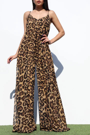 LEOPARD V NECK WOVEN JUMPSUIT