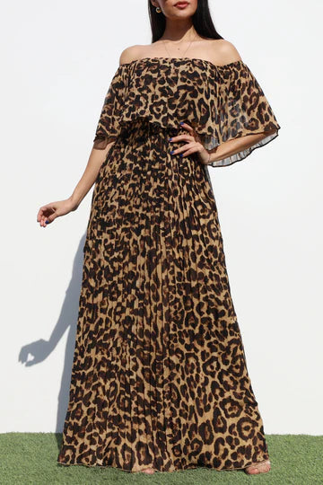 PLEATED OFF SHOULDER WOVEN MAXI DRESS