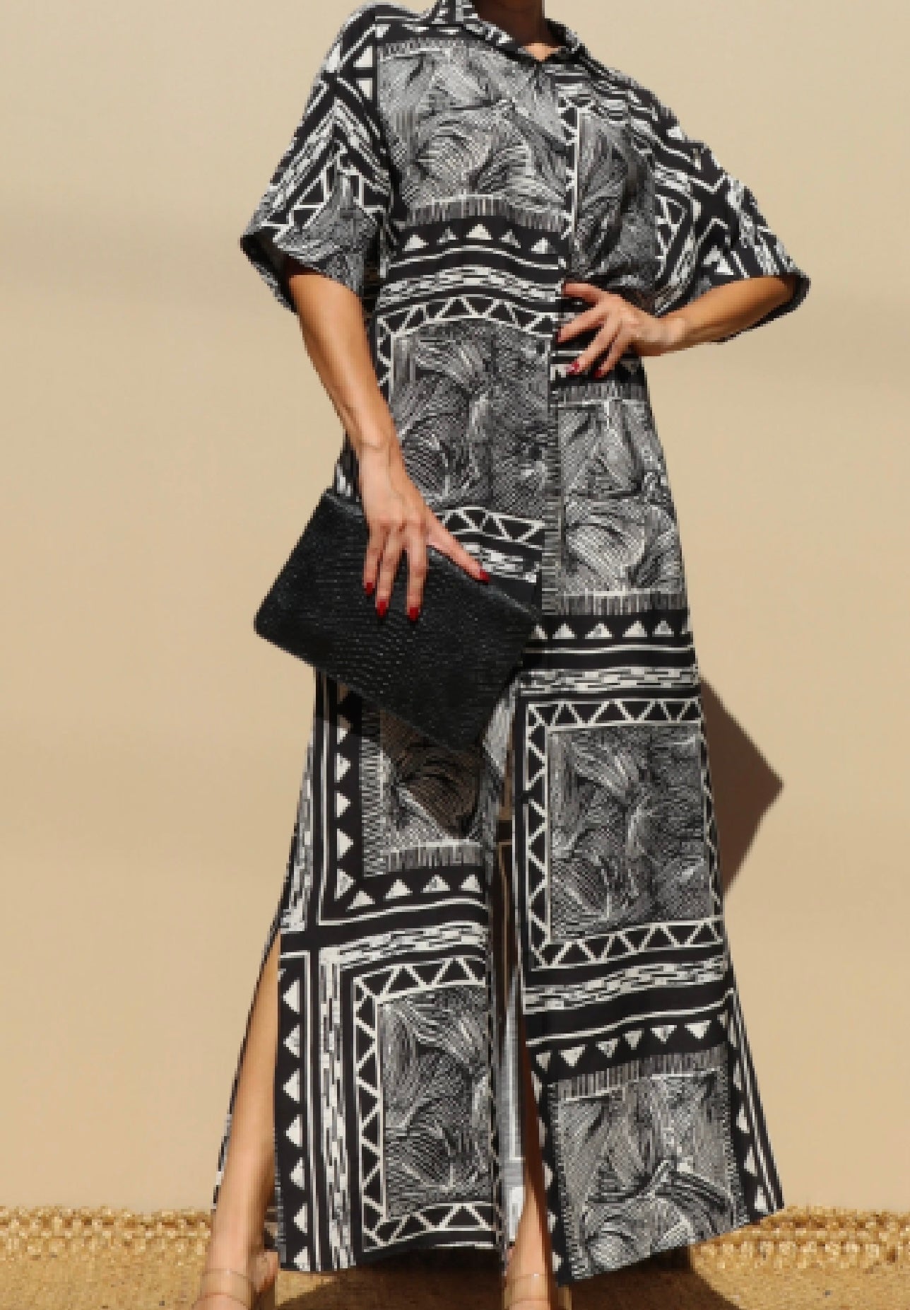 Tribal Print Button Down Shirt Dress (Black)