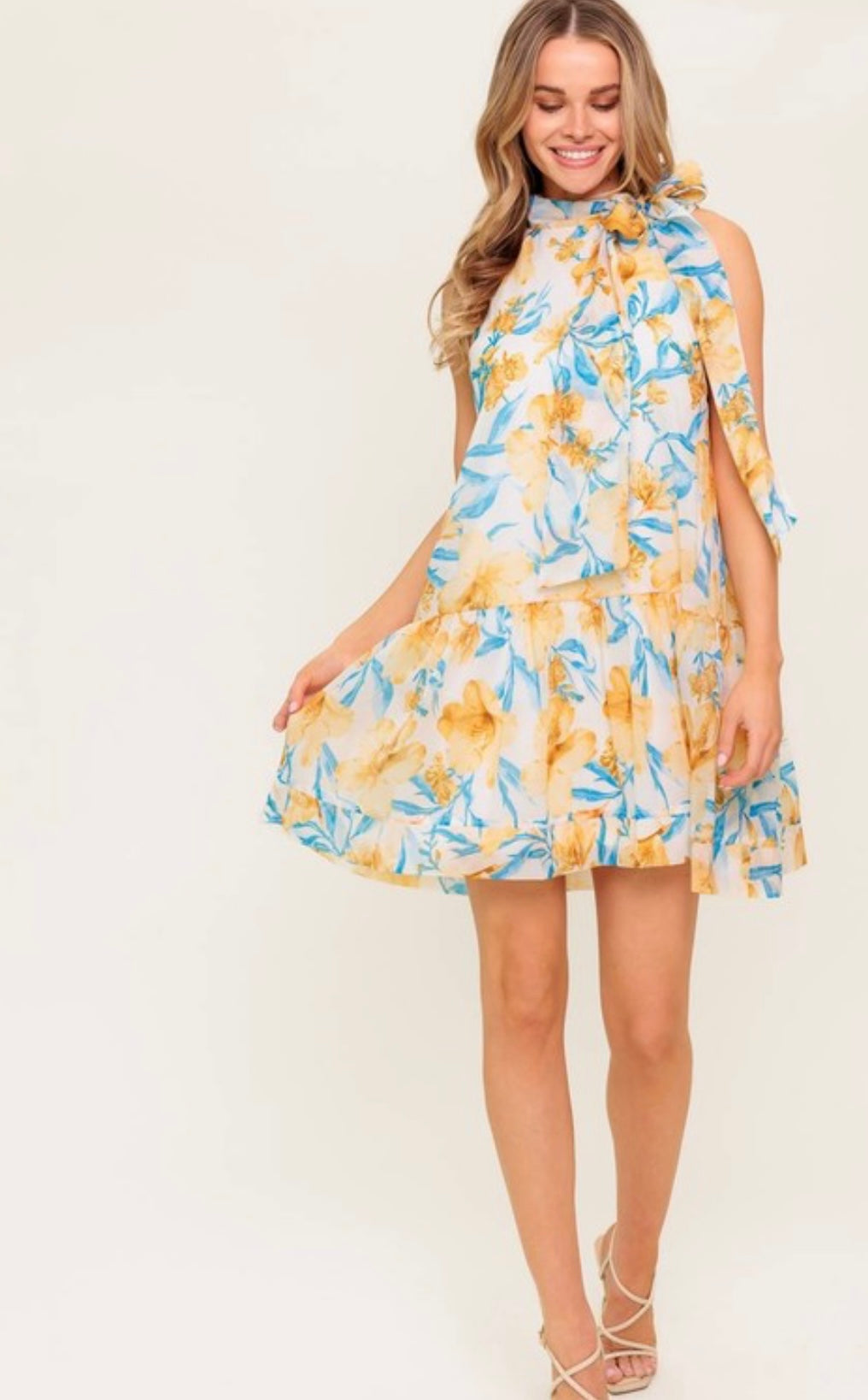 Golden Bloom Tie-Neck Mini