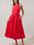 Red Halter Neck Midi Dress