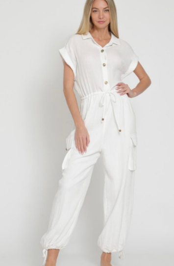 Button Down Cargo Pocket Jumpsuit