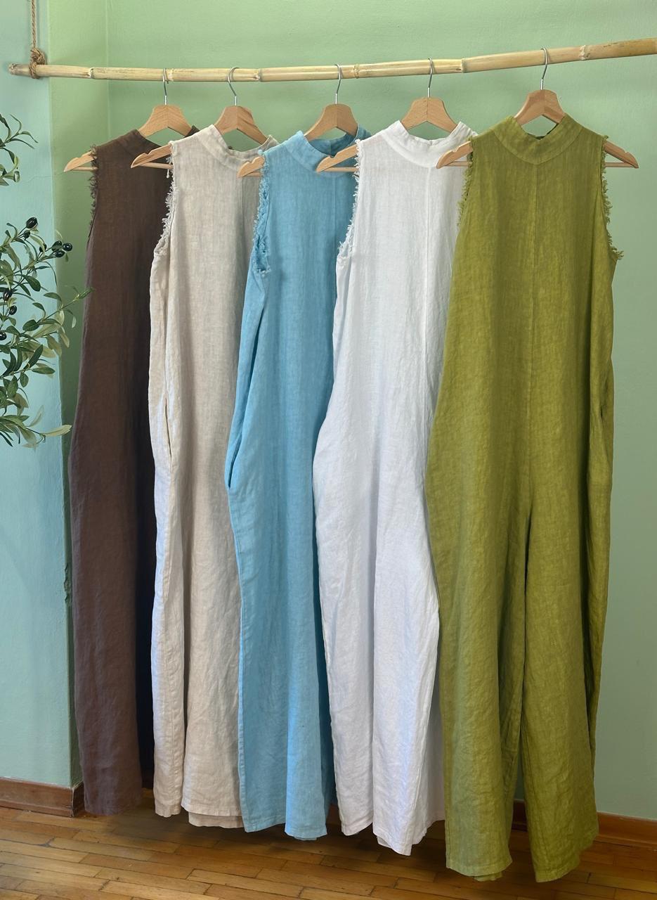linen jumpsuit, women’s resort wear, tropical outfit, breathable linen clothing, summer fashion, island style, comfortable jumpsuit, Polka Dot Boutique.