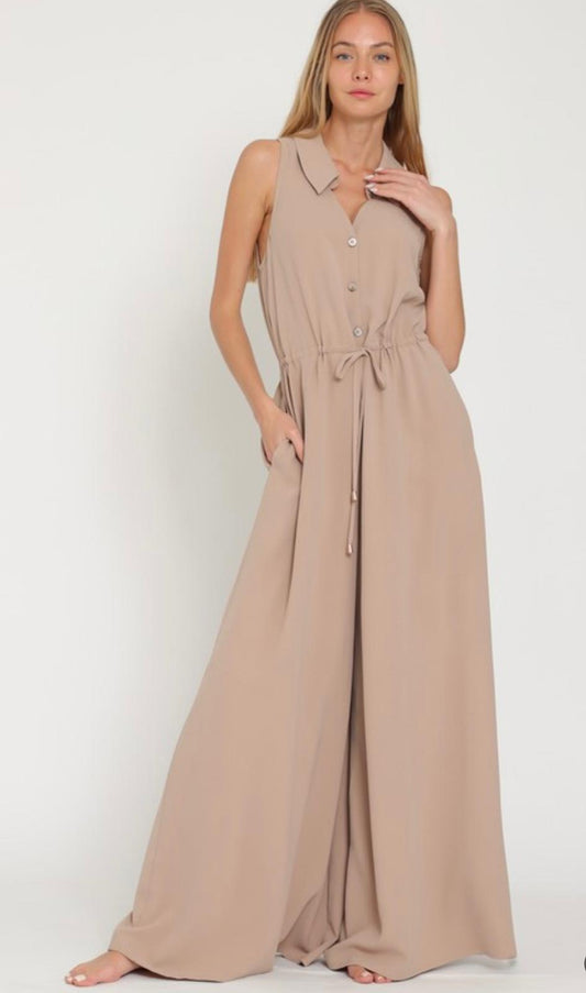 Sleeveless Button-Down Tie Front Waisted Jumpsuit